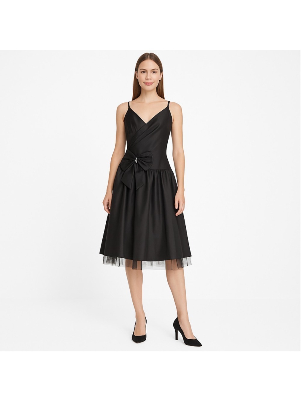 Vintage BCBG Paris Black Cocktail Dress Tulle Underskirt & Bow Rhinestone Detail
